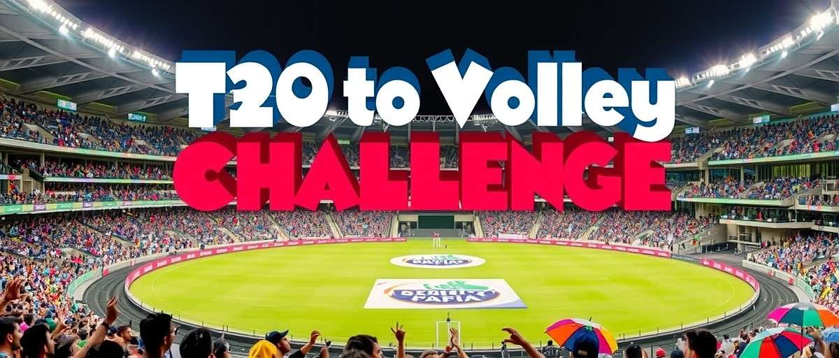 T20 to Volley Challenge Stadium Visuals T20 to Volley Challenge visual showing a packed Indian stadium with colorful crowd and team jerseys